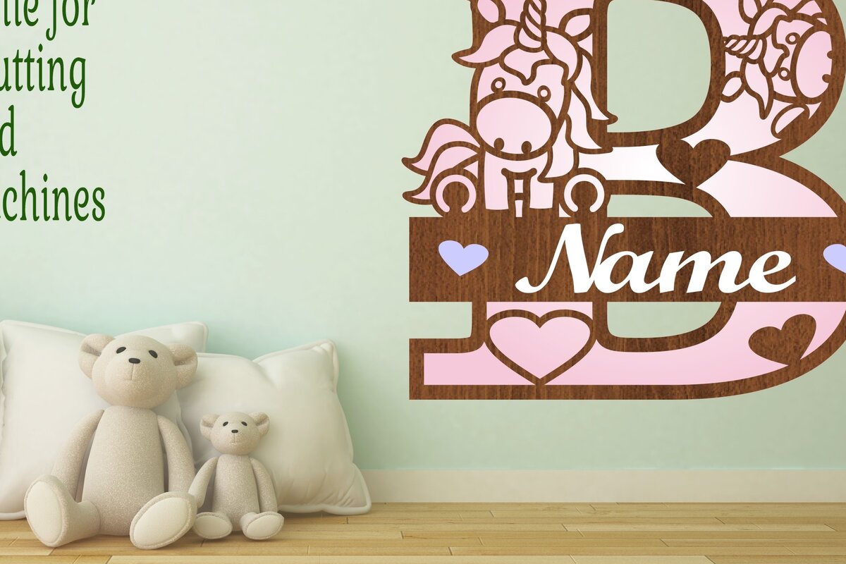 Σετ των 2 Intra απο ξύλο plywood 3mm-4mm πάχος – Unicorn Monogram Letter B Δίασταση  20x20 cm INTRAFABR-70818560