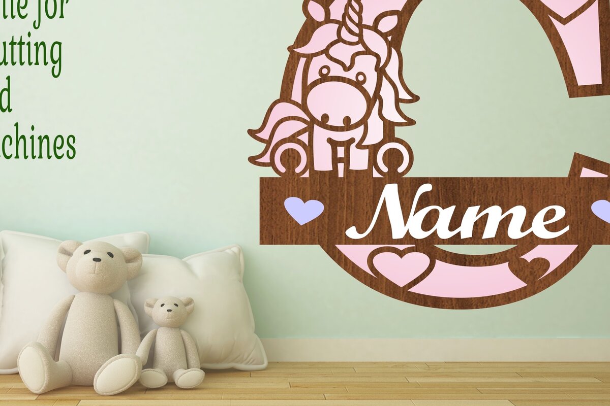 Σετ των 2 Intra απο ξύλο plywood 3mm-4mm πάχος – Unicorn Monogram Letter C Δίασταση  20x20 cm INTRAFABR-70818576