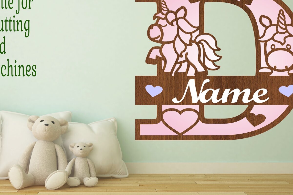 Σετ των 2 Intra απο ξύλο plywood 3mm-4mm πάχος – Μονόκερος Μονόγραμμα Επιστολή D Αποκοπή αρχείου Δίασταση  20x20 cm INTRAFABR-70818586