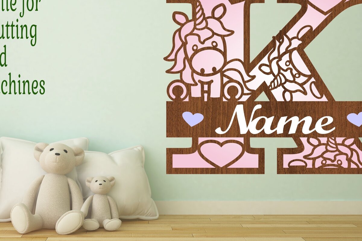 Σετ των 2 Intra απο ξύλο plywood 3mm-4mm πάχος – Μονόκερος Μονόγραμμα Letter K Δίασταση  20x20 cm INTRAFABR-70818671