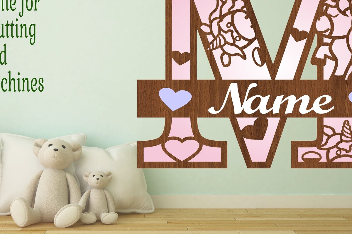 Σετ των 2 Intra απο ξύλο plywood 3mm-4mm πάχος – Unicorn Monogram Letter M Δίασταση  20x20 cm INTRAFABR-70818700