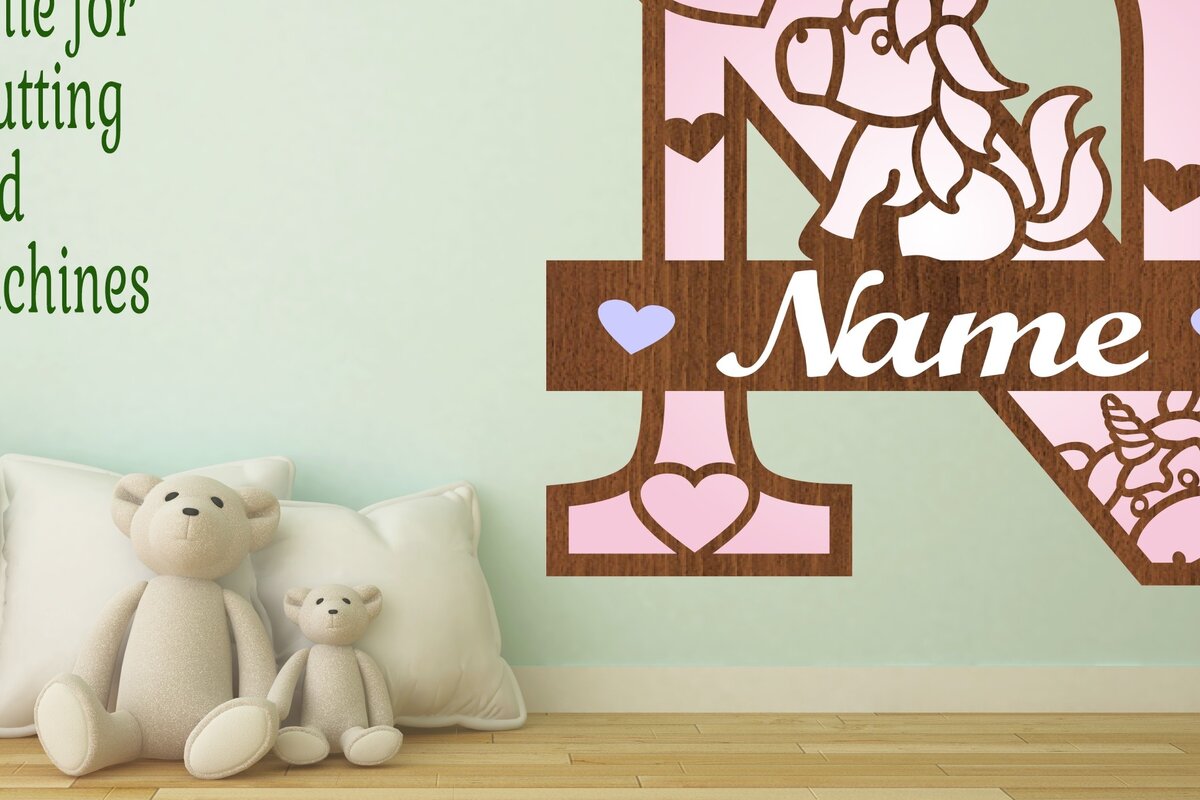 Σετ των 2 Intra απο ξύλο plywood 3mm-4mm πάχος – Unicorn Monogram Letter N Δίασταση  20x20 cm INTRAFABR-70818741