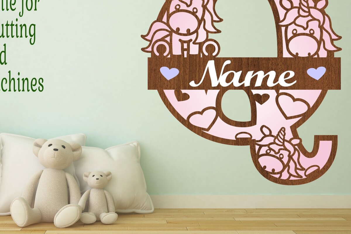 Σετ των 2 Intra απο ξύλο plywood 3mm-4mm πάχος – Unicorn Monogram Letter Q Δίασταση  20x20 cm INTRAFABR-70818812