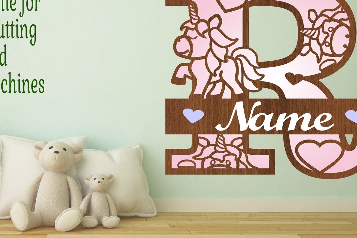 Σετ των 2 Intra απο ξύλο plywood 3mm-4mm πάχος – Μονόκερος Μονόγραμμα Letter R Δίασταση  20x20 cm INTRAFABR-70818833