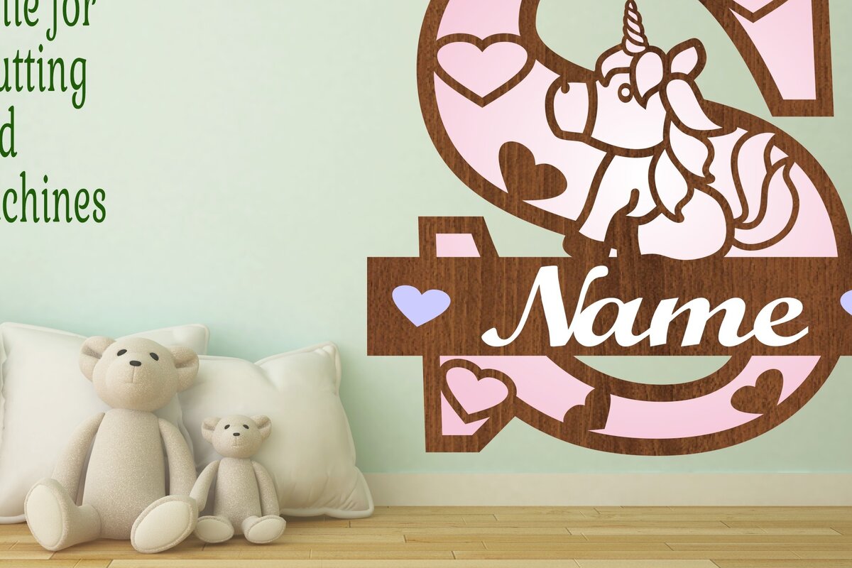 Σετ των 2 Intra απο ξύλο plywood 3mm-4mm πάχος – Unicorn Monogram Letter S Δίασταση  20x20 cm INTRAFABR-70818849