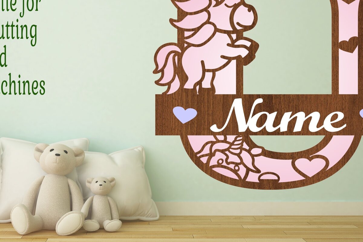 Σετ των 2 Intra απο ξύλο plywood 3mm-4mm πάχος – Αρχείο αποκοπής Unicorn Monogram Letter U Δίασταση  20x20 cm INTRAFABR-70818879