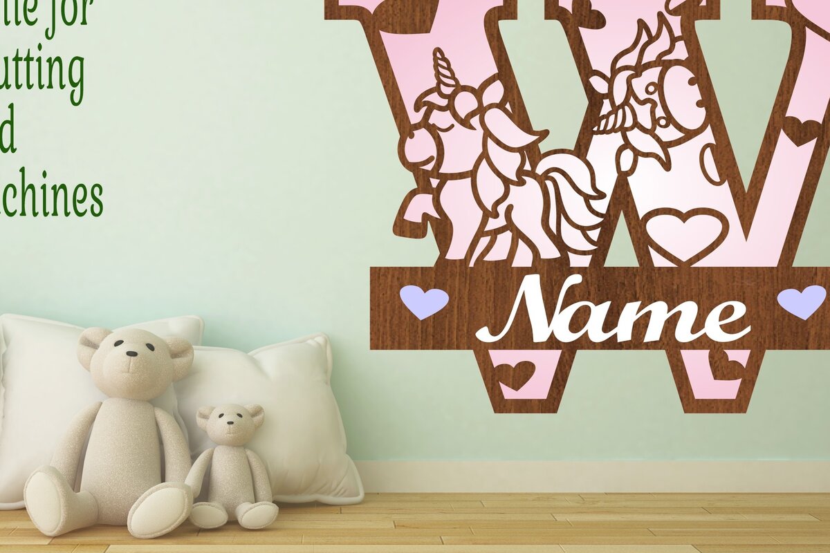 Σετ των 2 Intra απο ξύλο plywood 3mm-4mm πάχος – Unicorn Monogram Letter W Δίασταση  20x20 cm INTRAFABR-70818914