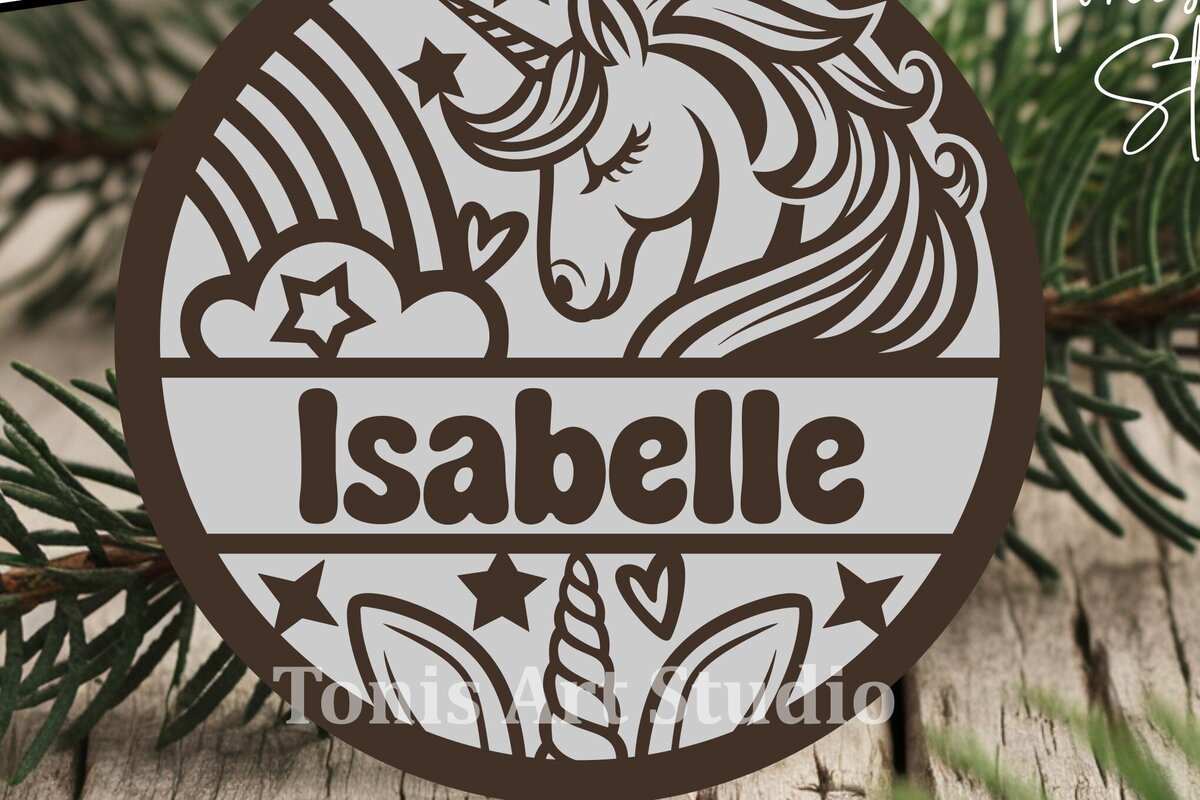 Σετ των 2 Intra απο ξύλο plywood 3mm-4mm πάχος – Μονόκερος Σήμα ονόματος Αρχείο αποκοπής λέιζερ Δίασταση  20x20 cm INTRAFABR-114095977