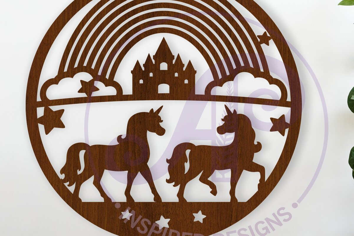 Σετ των 2 Intra απο ξύλο plywood 3mm-4mm πάχος – Μονόκεροι και σημάδι τέχνης τοίχου ουράνιου τόξου Δίασταση  40x30 cm INTRAFABR-118702687