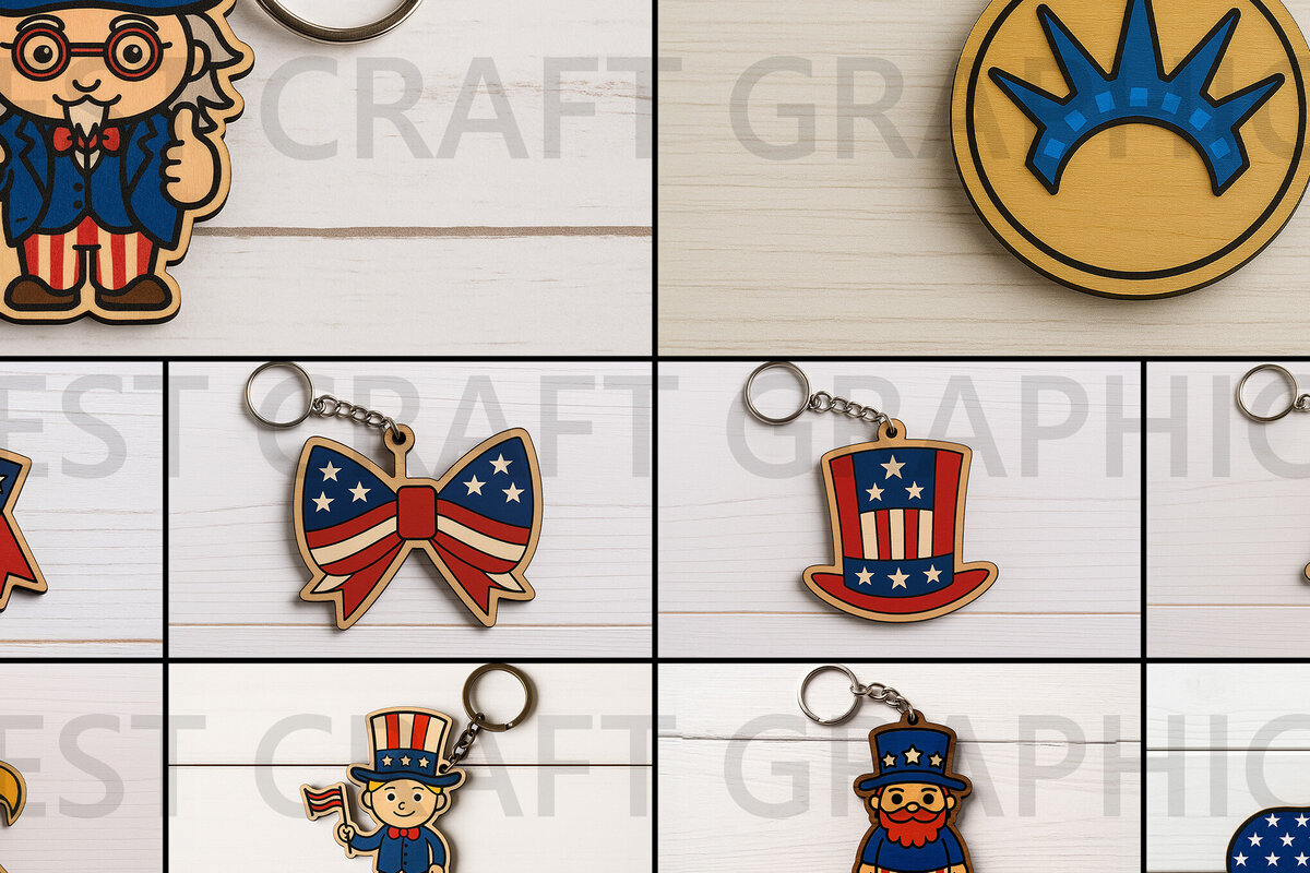 Σετ των 3 Intra απο ξύλο plywood 3mm-4mm πάχος – Πακέτο Keychain ΗΠΑ 4 Ιουλίου Δίασταση  5x5 cm INTRAFABR-122666441