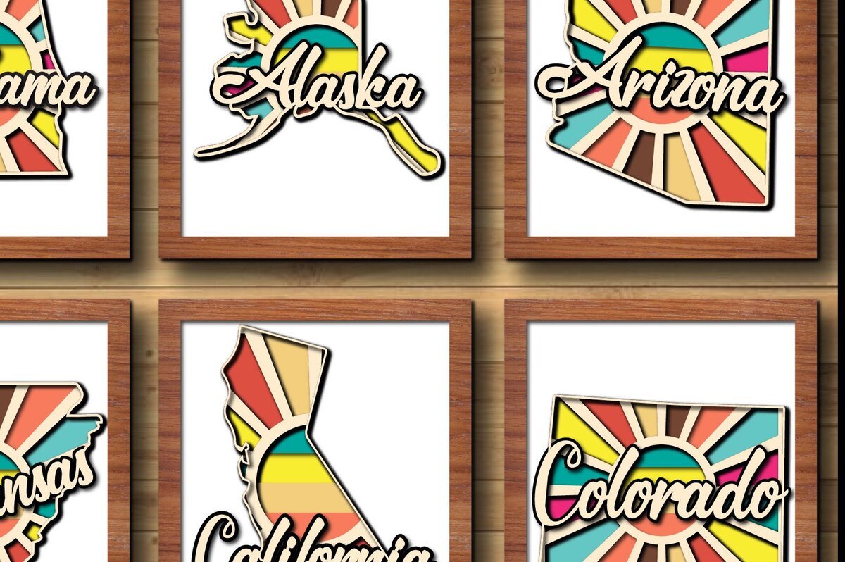 Σετ των 2 Intra απο ξύλο plywood 3mm-4mm πάχος – ΗΠΑ 50 πολιτειών ρετρό χάρτης κοπής με λέιζερ/χαρτί Δίασταση  20x20 cm INTRAFABR-34594848