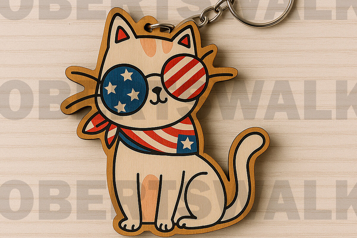 Σετ των 3 Intra απο ξύλο plywood 3mm-4mm πάχος – Αρχείο USA Flag Cat Keychain Δίασταση  5x5 cm INTRAFABR-122602176