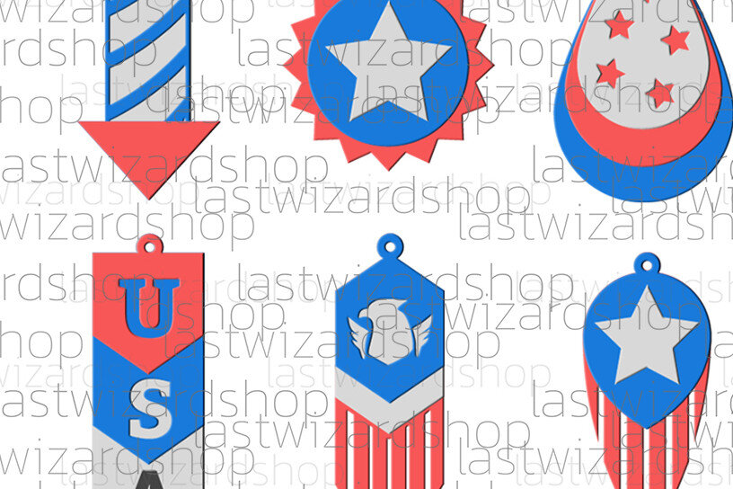 Σετ των 3 Intra απο ξύλο plywood 3mm-4mm πάχος – USA Flag Earrings, 4 Ιουλίου Δίασταση  5x5 cm INTRAFABR-25318501