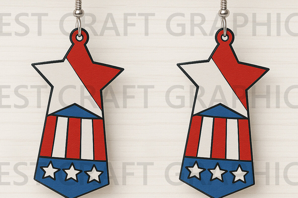 Σετ των 3 Intra απο ξύλο plywood 3mm-4mm πάχος – USA Star Tie Earrings Δίασταση  5x5 cm INTRAFABR-122737608