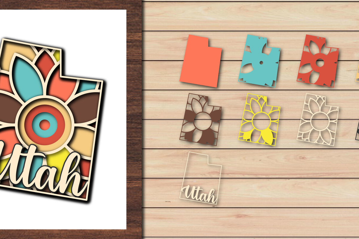 Σετ των 2 Intra απο ξύλο plywood 3mm-4mm πάχος – Utah USA State 3d Paper Cut Δίασταση  20x20 cm INTRAFABR-64957720