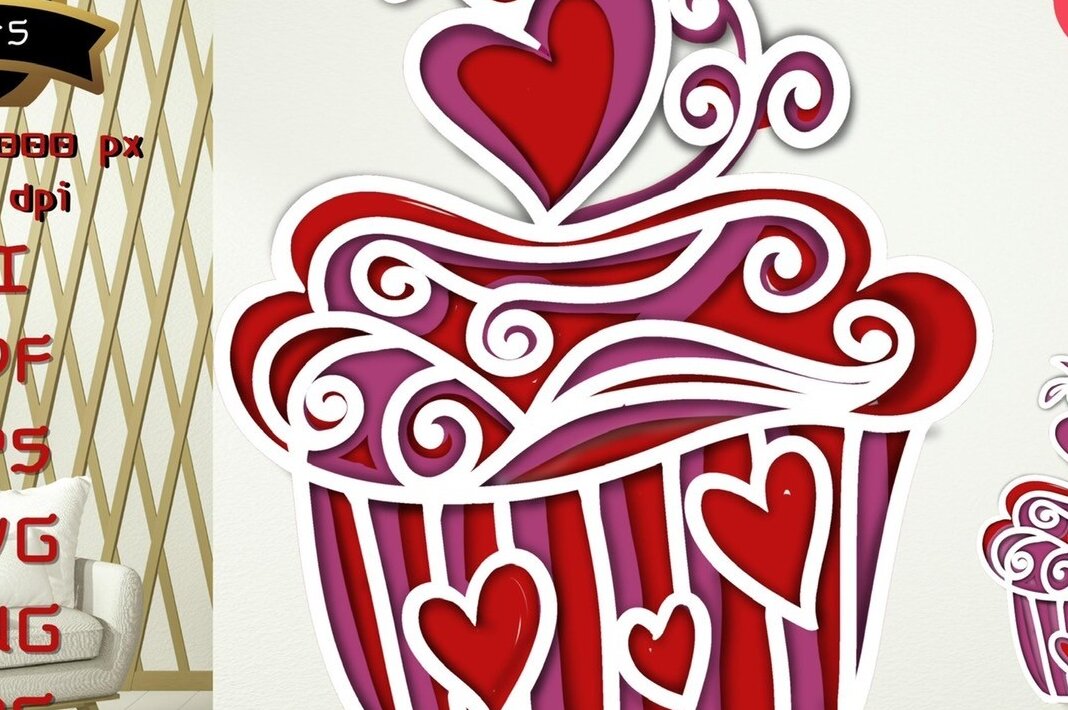 Σετ των 2 Intra απο ξύλο plywood 3mm-4mm πάχος – Valentine 3D Cupcakes Δίασταση  20x20 cm INTRAFABR-54484432
