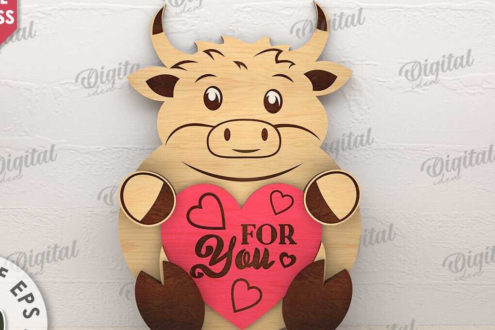 Σετ των 2 Intra απο ξύλο plywood 3mm-4mm πάχος – Ταύρος Αγίου Βαλεντίνου με καρδιάς Δίασταση  20x20 cm INTRAFABR-114206349