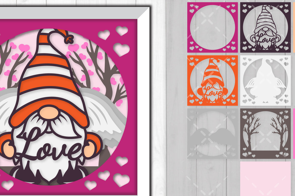 Σετ των 2 Intra απο ξύλο plywood 3mm-4mm πάχος – Valentine Gnome 3D Shadow Box Δίασταση  20x20 cm INTRAFABR-88359235