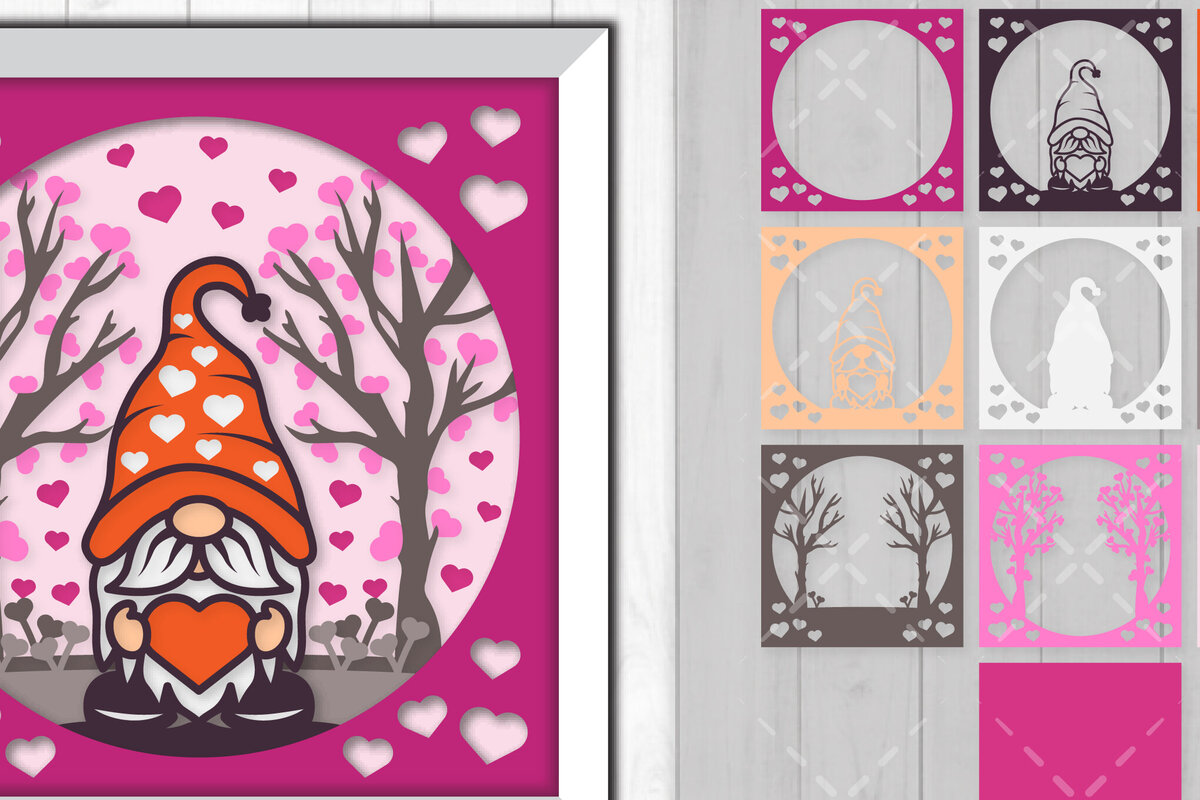 Σετ των 2 Intra απο ξύλο plywood 3mm-4mm πάχος – Valentine Gnome 3D Shadow Box Δίασταση  20x20 cm INTRAFABR-88358988