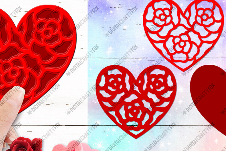Σετ των 2 Intra απο ξύλο plywood 3mm-4mm πάχος – Valentine Heart, 3D Flower Heart Δίασταση  20x20 cm INTRAFABR-88455663