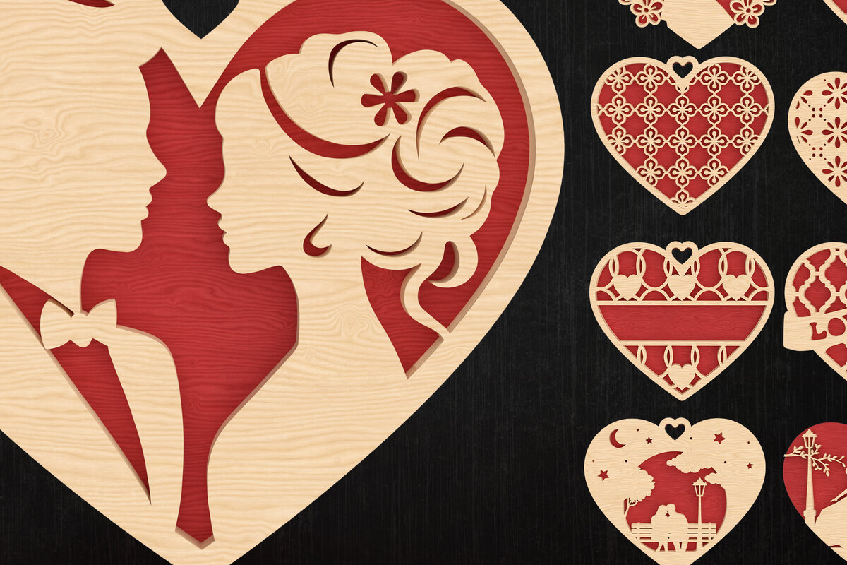 Σετ των 2 Intra απο ξύλο plywood 3mm-4mm πάχος – Πακέτο κοπής με λέιζερ καρδιάς Valentine Δίασταση  20x20 cm INTRAFABR-113317392