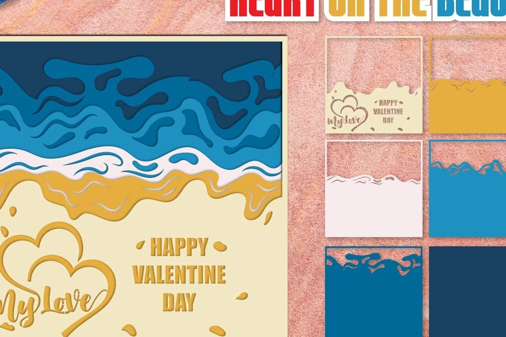 Σετ των 2 Intra απο ξύλο plywood 3mm-4mm πάχος – Valentine - Heart on the Beach Δίασταση  20x20 cm INTRAFABR-53549592