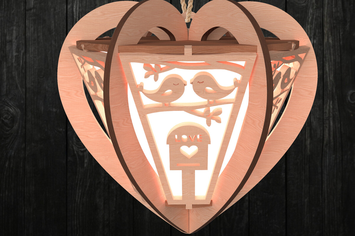 Σετ των 2 Intra απο ξύλο plywood 3mm-4mm πάχος – Φανάρι καρδιάς Valentine Lovebirds Δίασταση  20x20 cm INTRAFABR-112203060