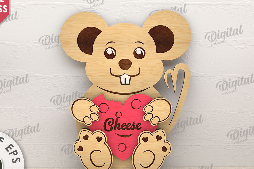 Σετ των 2 Intra απο ξύλο plywood 3mm-4mm πάχος – Ποντίκι Valentine με καρδιά Δίασταση  20x20 cm INTRAFABR-114206185