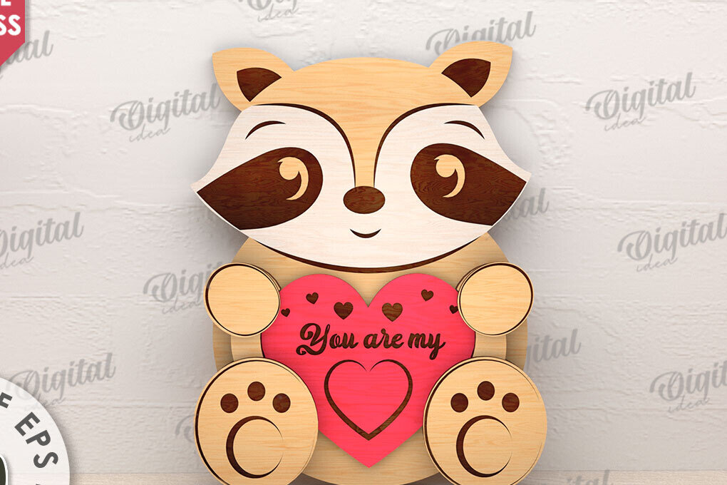 Σετ των 2 Intra απο ξύλο plywood 3mm-4mm πάχος – Ρακούν Αγίου Βαλεντίνου με καρδιάς Δίασταση  20x20 cm INTRAFABR-114206142