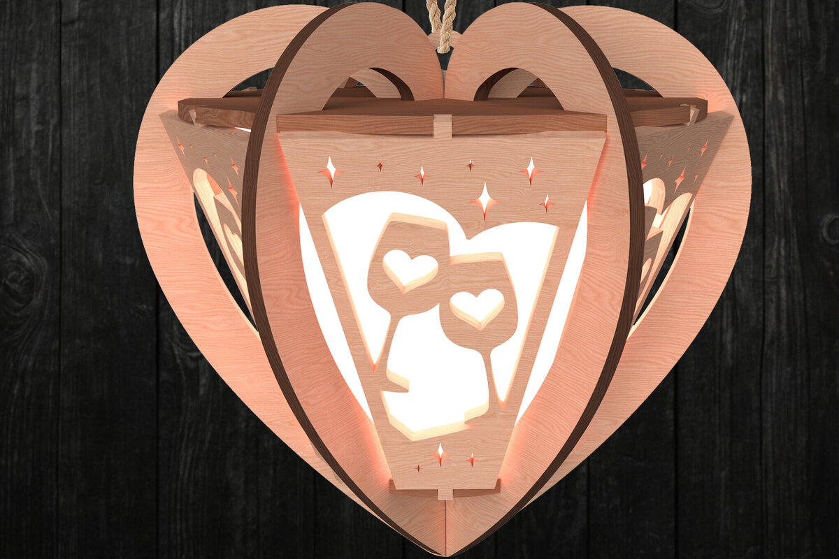 Σετ των 2 Intra απο ξύλο plywood 3mm-4mm πάχος – Valentine Romantic Toast Heart Lantern Δίασταση  20x20 cm INTRAFABR-112203026