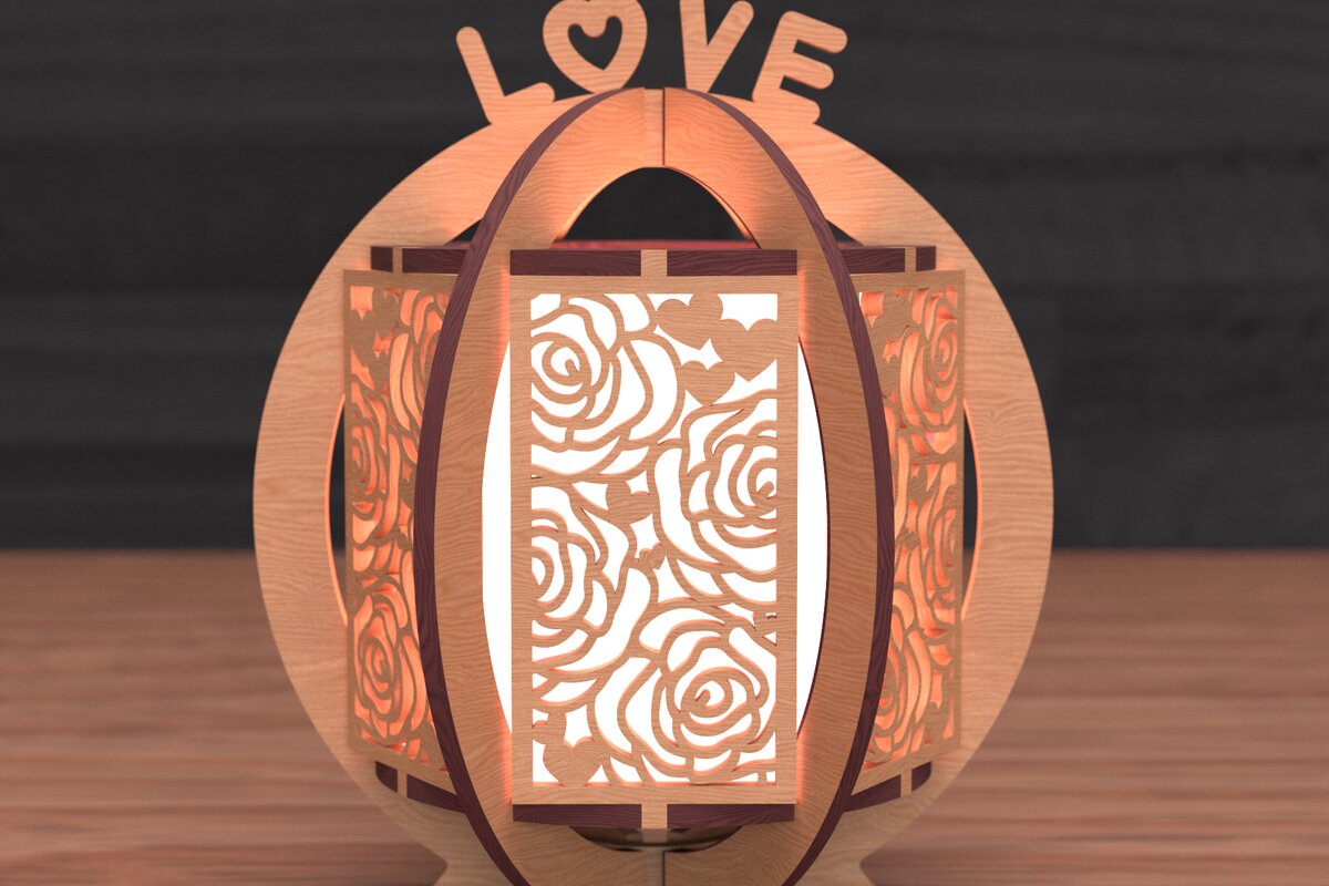 Σετ των 2 Intra απο ξύλο plywood 3mm-4mm πάχος – Κοπή λέιζερ φαναριού με τριαντάφυλλο Αγίου Βαλεντίνου Δίασταση  20x20 cm INTRAFABR-111860707