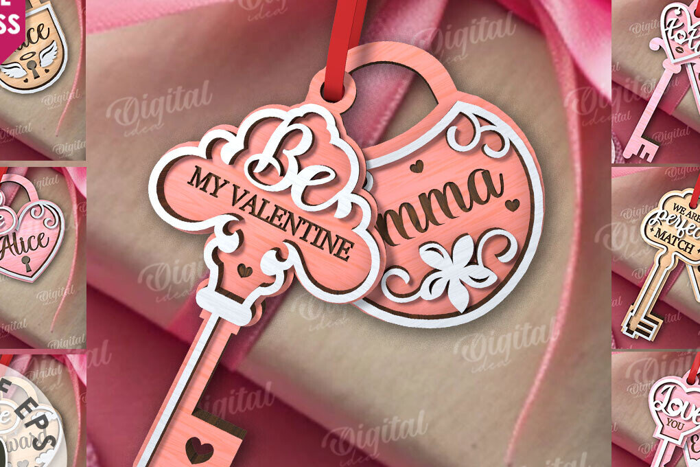 Σετ των 2 Intra απο ξύλο plywood 3mm-4mm πάχος – Πακέτο λέιζερ κλειδαριάς και κλειδιού με ετικέτες Αγίου Βαλεντίνου Δίασταση  20x20 cm INTRAFABR-110675776