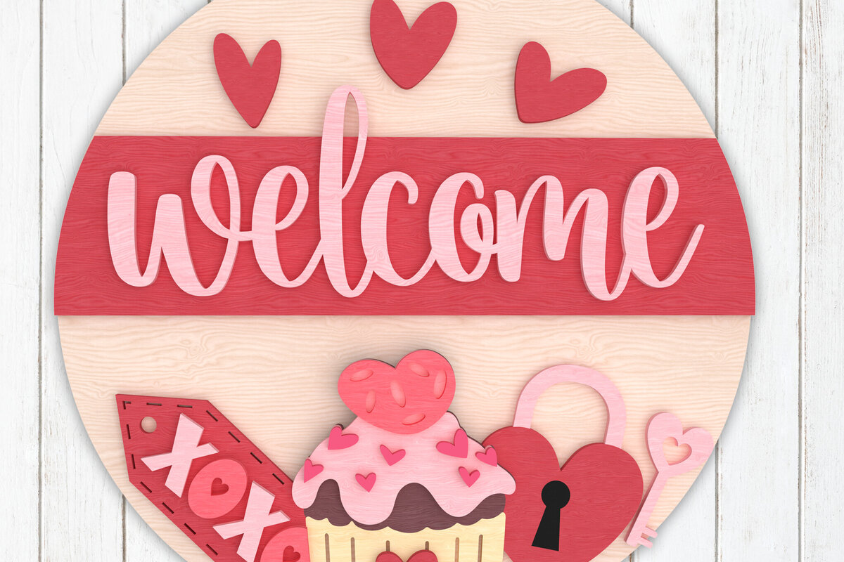 Σετ των 2 Intra απο ξύλο plywood 3mm-4mm πάχος – Σημάδι καλωσορίσματος Αγίου Βαλεντίνου με Cupcake Δίασταση  20x20 cm INTRAFABR-110274078