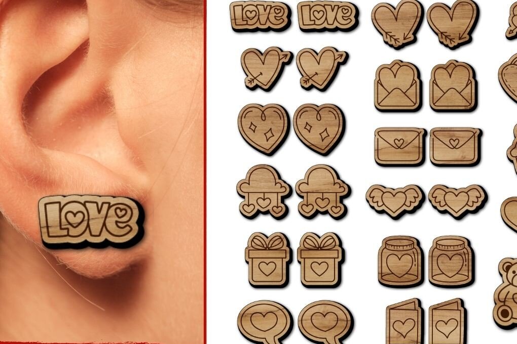 Σετ των 3 Intra απο ξύλο plywood 3mm-4mm πάχος – Αρχείο κοπής με λέιζερ σκουλαρίκια για την ημέρα του Αγίου Βαλεντίνου Δίασταση  5x5 cm INTRAFABR-55746266