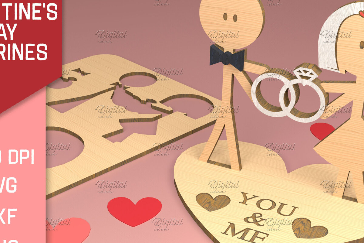 Σετ των 2 Intra απο ξύλο plywood 3mm-4mm πάχος – Ειδώλια του Αγίου Βαλεντίνου. Τρισδιάστατη Δίασταση  20x20 cm INTRAFABR-83739327