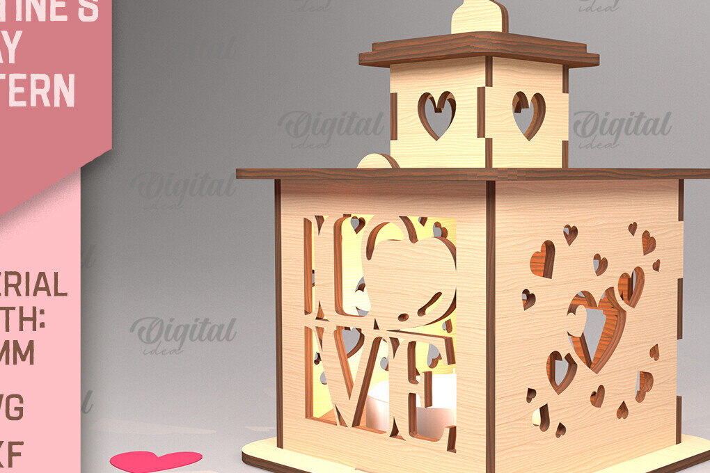 Σετ των 2 Intra απο ξύλο plywood 3mm-4mm πάχος – Φανάρι για την ημέρα του Αγίου Βαλεντίνου. 3D Lasercut Δίασταση  20x20 cm INTRAFABR-88057925