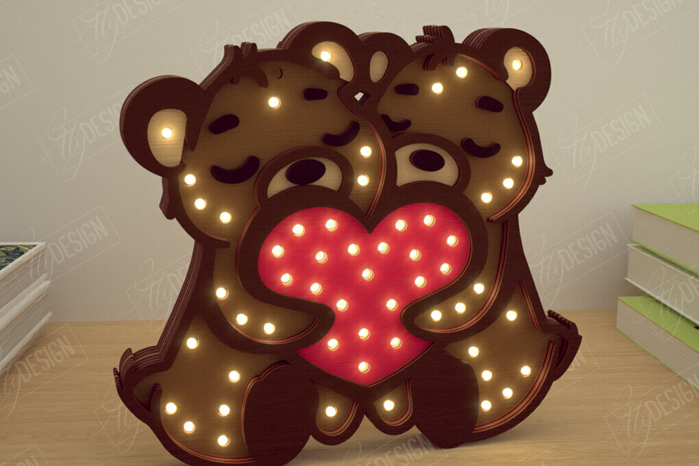 Σετ των 2 Intra απο ξύλο plywood 3mm-4mm πάχος – Λάμπα Led με στρώσεις για την ημέρα του Αγίου Βαλεντίνου | Αρκούδες Δίασταση  20x20 cm INTRAFABR-110271805