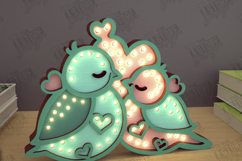 Σετ των 2 Intra απο ξύλο plywood 3mm-4mm πάχος – Λάμπα Led με στρώσεις για την ημέρα του Αγίου Βαλεντίνου | Πουλιά Δίασταση  20x20 cm INTRAFABR-110271734