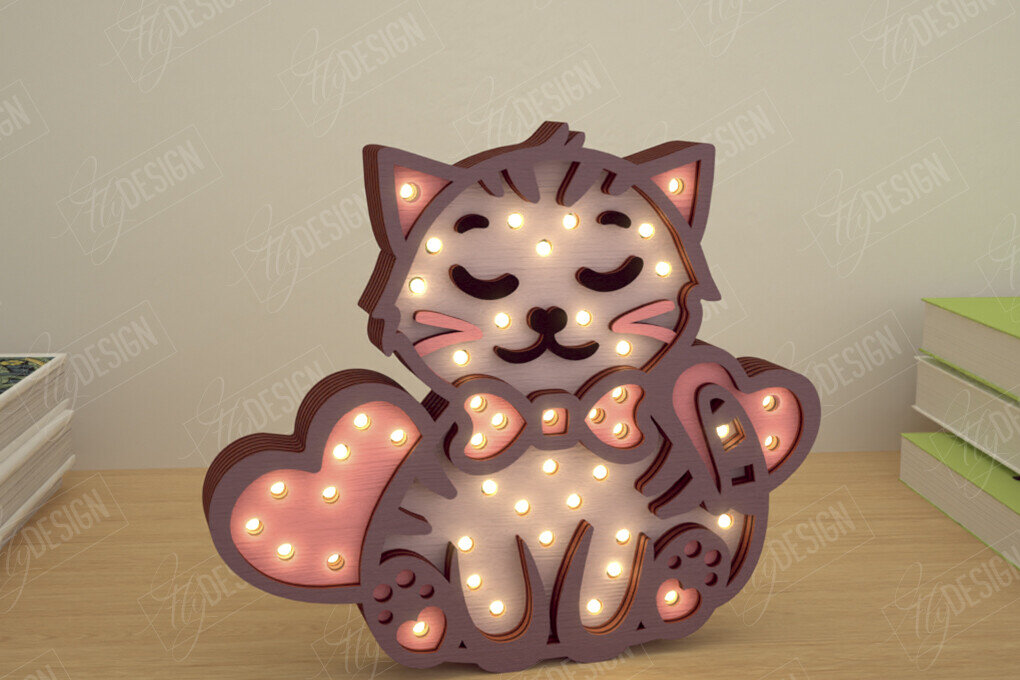 Σετ των 2 Intra απο ξύλο plywood 3mm-4mm πάχος – Λάμπα Led με στρώσεις για την ημέρα του Αγίου Βαλεντίνου | Γάτα Δίασταση  20x20 cm INTRAFABR-110271684