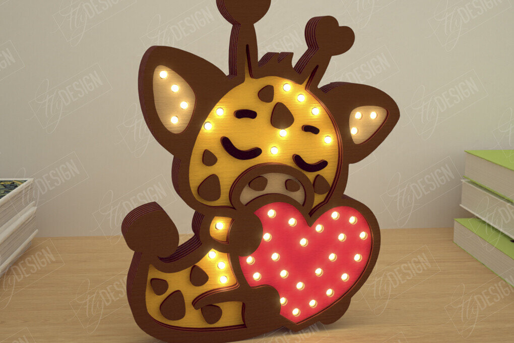 Σετ των 2 Intra απο ξύλο plywood 3mm-4mm πάχος – Λάμπα Led με στρώσεις για την ημέρα του Αγίου Βαλεντίνου | Καμηλοπάρδαλη Δίασταση  20x20 cm INTRAFABR-110271854