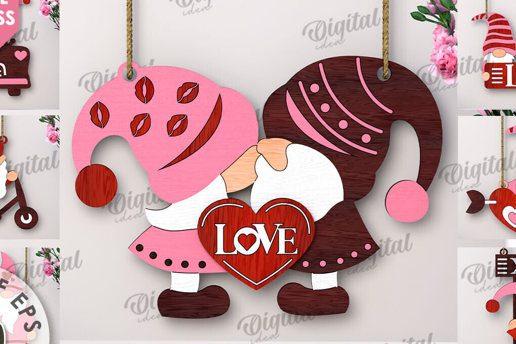 Σετ των 2 Intra απο ξύλο plywood 3mm-4mm πάχος – Πακέτο κοπής με λέιζερ Valentine's Gnomes Δίασταση  20x20 cm INTRAFABR-112501995