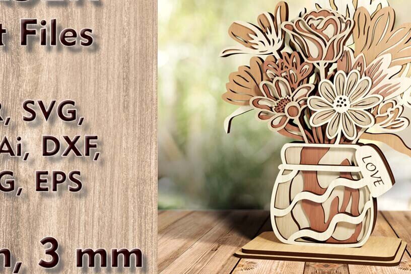 Σετ των 2 Intra απο ξύλο plywood 3mm-4mm πάχος – Βάζο με λουλούδια 3D κομμένα αρχεία με λέιζερ Δίασταση  20x20 cm INTRAFABR-120135822