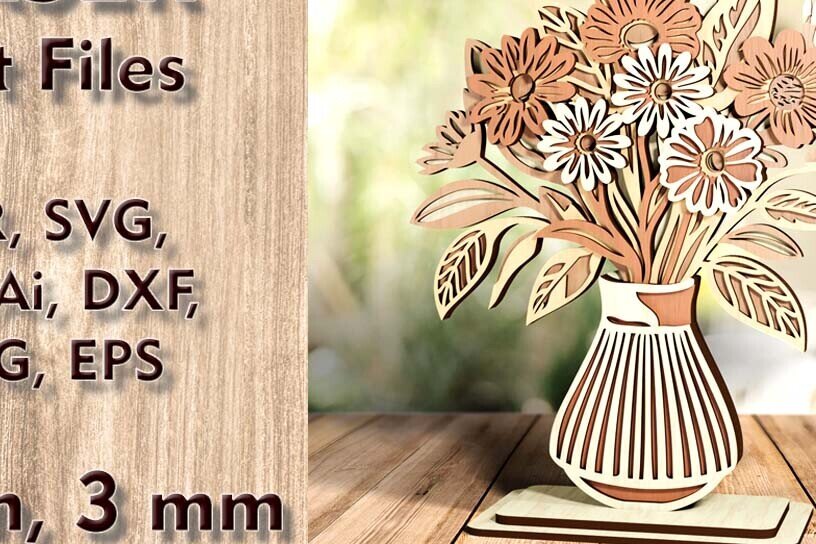 Σετ των 2 Intra απο ξύλο plywood 3mm-4mm πάχος – Βάζο με λουλούδια 3D κομμένα αρχεία με λέιζερ Δίασταση  20x20 cm INTRAFABR-121050738