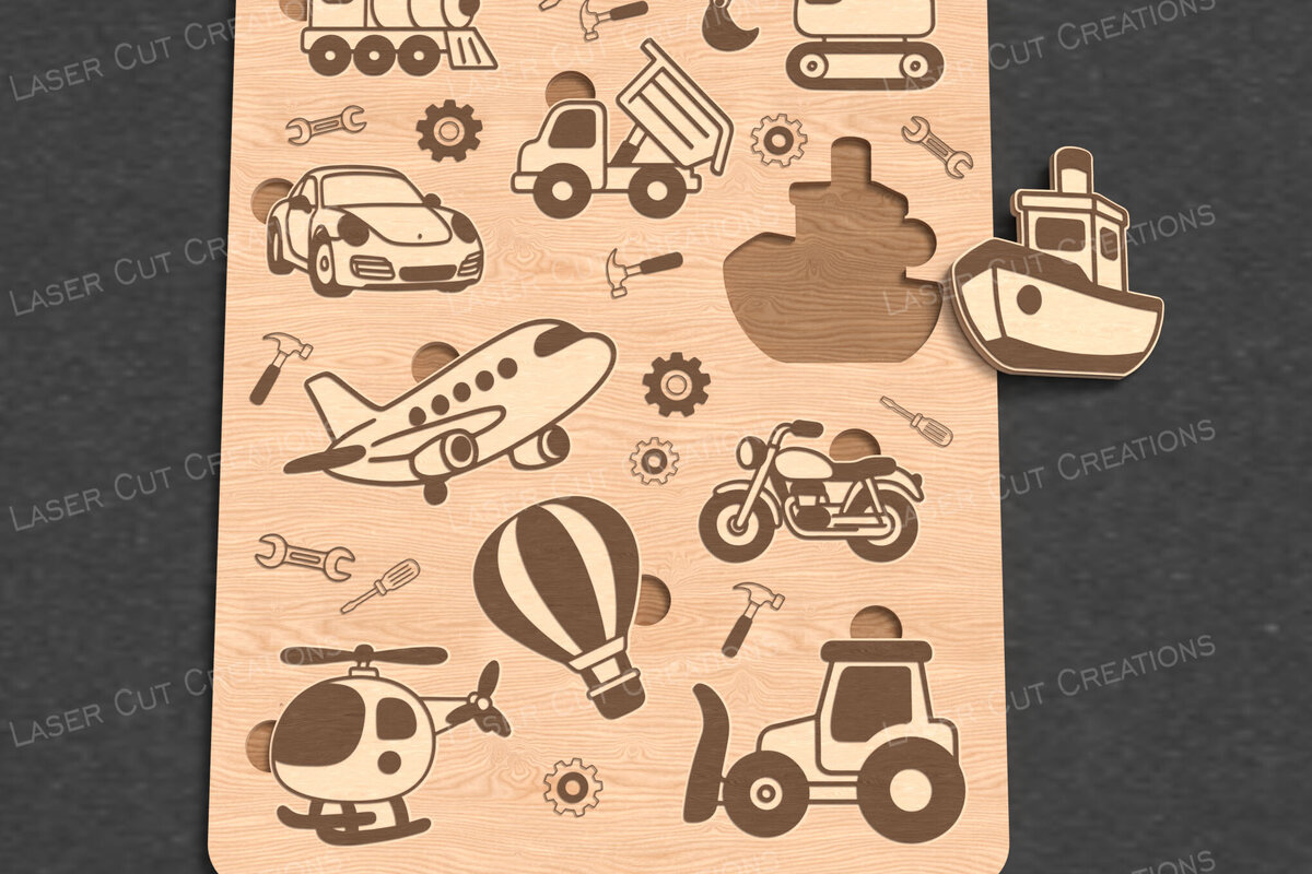 Σετ των 2 Intra απο ξύλο plywood 3mm-4mm πάχος – Vehicles Puzzle for Kids Δίασταση  20x20 cm INTRAFABR-122984364