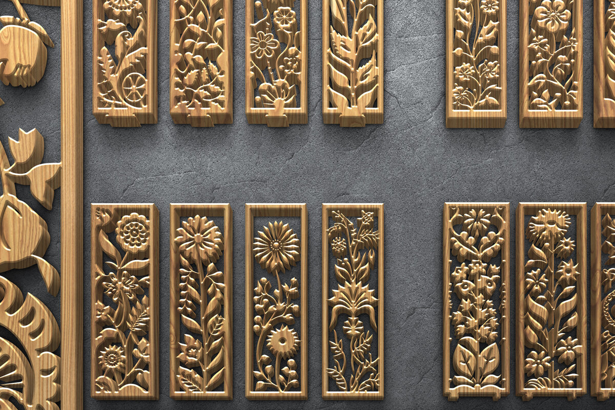 Σετ των 2 Intra απο ξύλο plywood 3mm-4mm πάχος – Κάθετα σχέδια φλοράλ κομμένα με λέιζερ Δίασταση  20x20 cm INTRAFABR-124674457