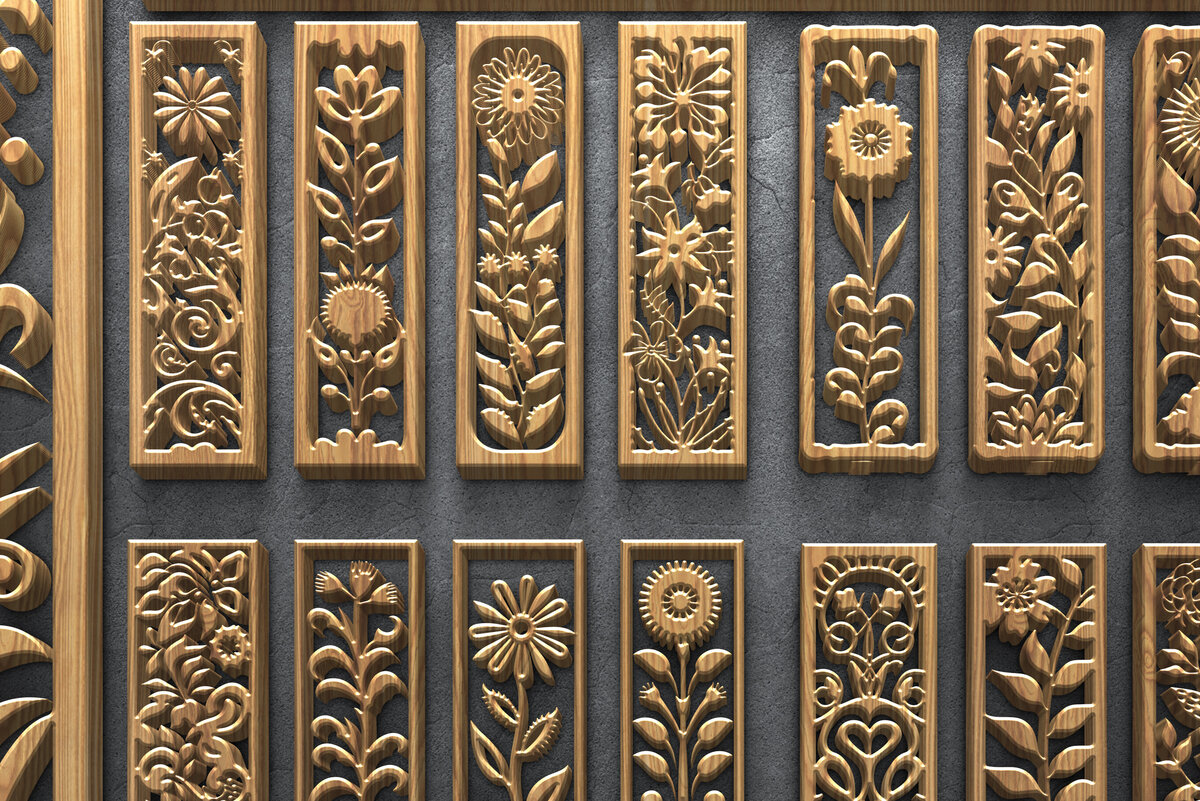 Σετ των 2 Intra απο ξύλο plywood 3mm-4mm πάχος – Κάθετα πάνελ φλοράλ κοπής με λέιζερ Δίασταση  20x20 cm INTRAFABR-124639517