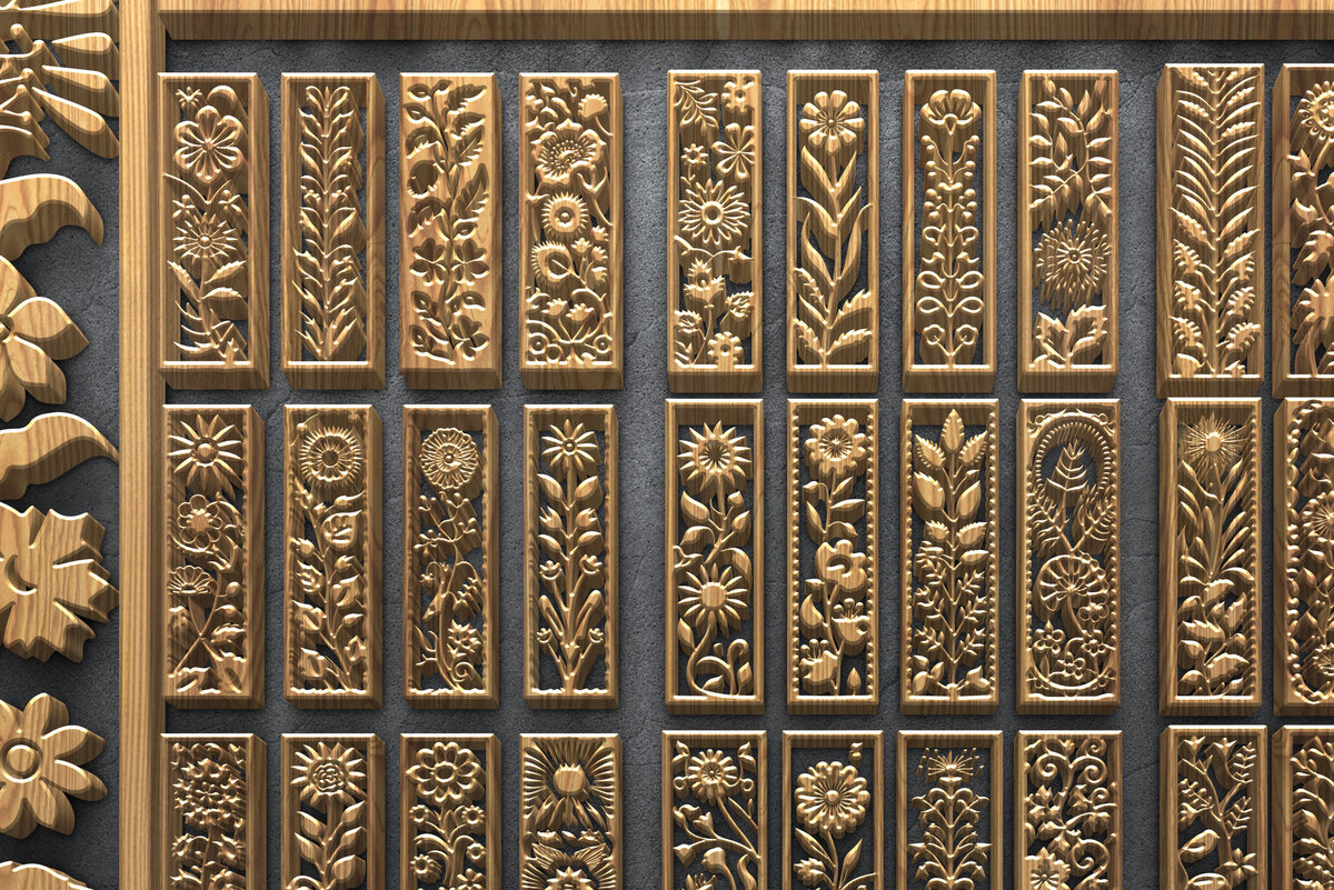 Σετ των 2 Intra απο ξύλο plywood 3mm-4mm πάχος – Κάθετα πάνελ φλοράλ κοπής με λέιζερ Δίασταση  20x20 cm INTRAFABR-124674613