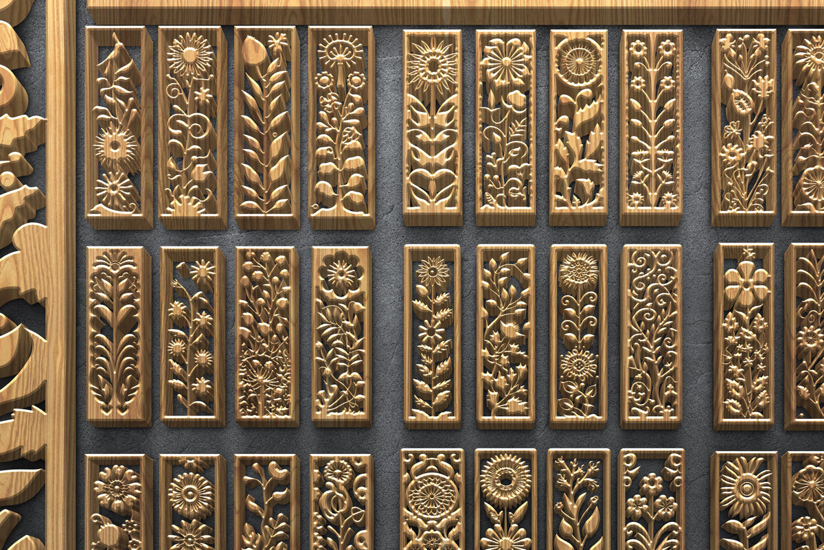 Σετ των 2 Intra απο ξύλο plywood 3mm-4mm πάχος – Κάθετα πάνελ φλοράλ κοπής με λέιζερ Δίασταση  20x20 cm INTRAFABR-124675298