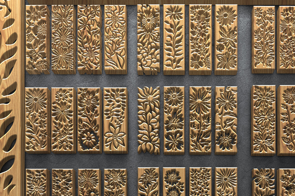 Σετ των 2 Intra απο ξύλο plywood 3mm-4mm πάχος – Κάθετα πάνελ φλοράλ κοπής με λέιζερ Δίασταση  20x20 cm INTRAFABR-124923763