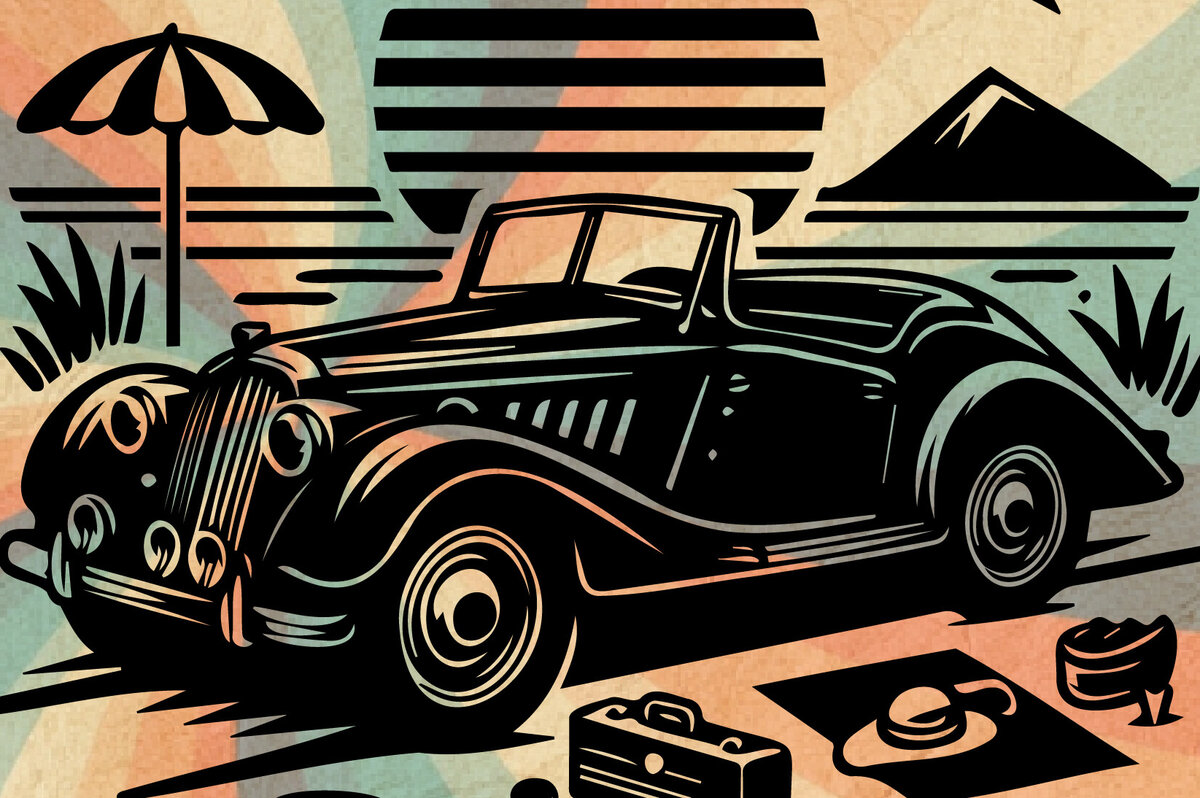 Σετ των 2 Intra απο ξύλο plywood 3mm-4mm πάχος – Vintage Summer Beach Classic Car-v8 Δίασταση  20x20 cm INTRAFABR-117452295